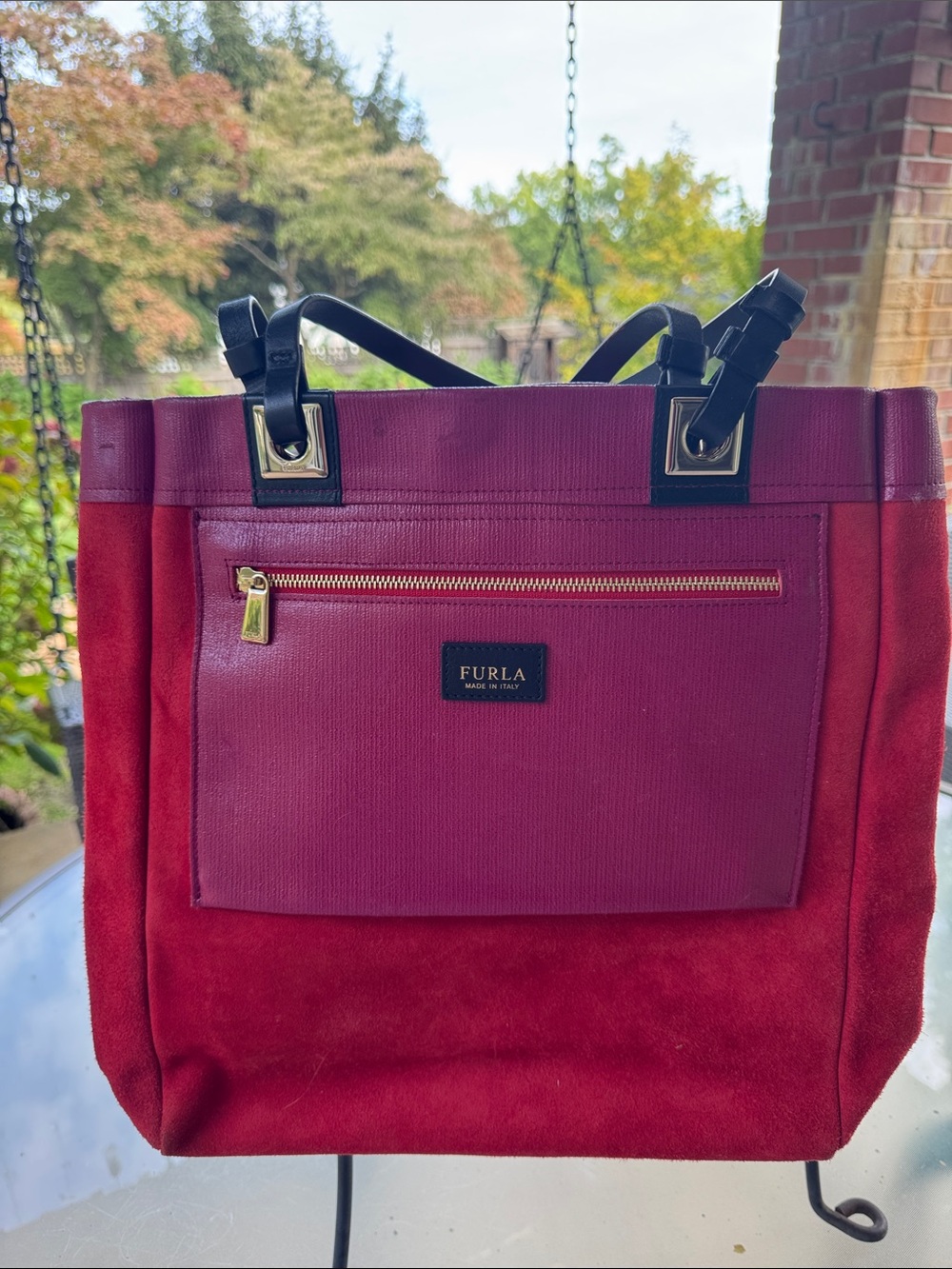 Furla Two-Tone Red and Magenta Suede & Leather Tote